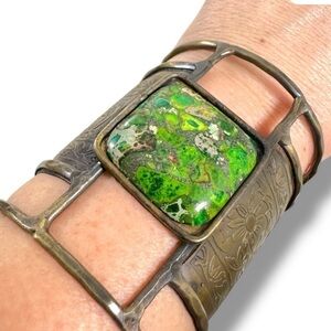 Free People Ariana Ost Bohemian Gypsy Brass Jasper Statement Cuff Bracelet *FLAW